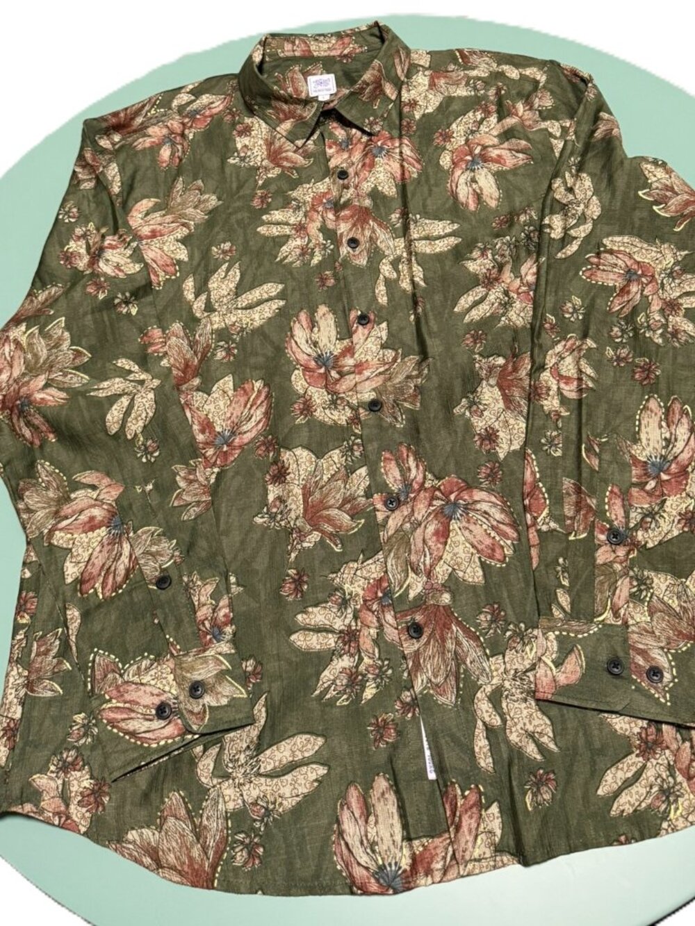 Campus Sutra Mens Large Green Floral Botanical Button Down Shirt Long Sleeve